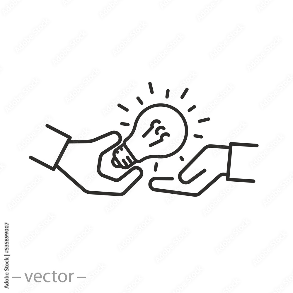 Fototapeta premium sharing creative idea, person handing over a light bulb, collaboration brainstorming, thin line symbol on white background - editable stroke vector illustration eps10
