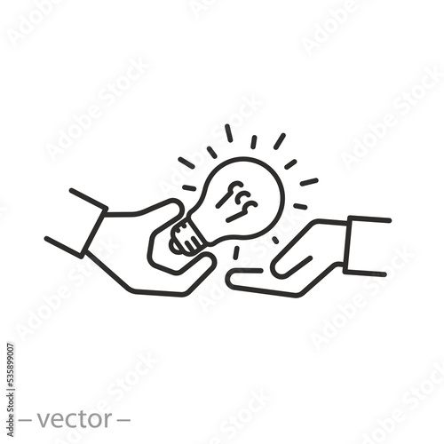 sharing creative idea, person handing over a light bulb, collaboration brainstorming, thin line symbol on white background - editable stroke vector illustration eps10