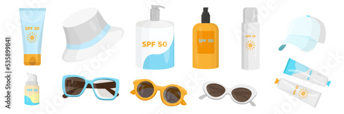 Set of sun protection devices in cartoon style. Vector illustration of sunscreen, caps, panama hats, sunglasses on white background.