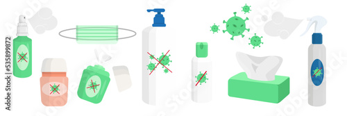 Set of antiseptic preparations in cartoon style. Vector illustration of antiseptic creams, spray, wipes, antiviral masks on white background.