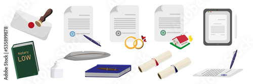 Set of colorful legal documents in cartoon style. Vector illustration of documents for the right of power, marriage certificate, papers for notary, laws on white background.