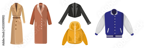 Set of colorful outerwear in cartoon style. Vector illustration of mens and womens jackets, coats on white background.