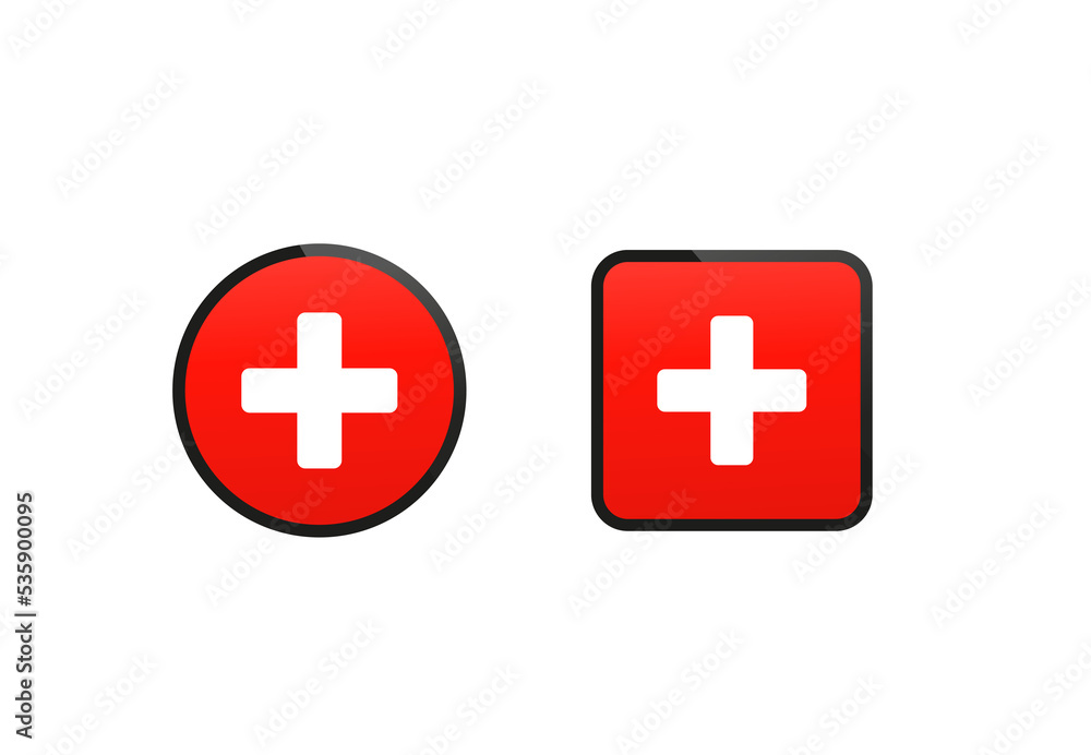 Red medical cross in circle and square. First aid sign. Hospital emblem. Emergency button. Isolated cross symbol. Health pharmacy. Vector illustration Red medical cross in circle and square. First aid sign. Hospital emblem. Emergency button. Isolated cross symbol. Health pharmacy. Vector illustration