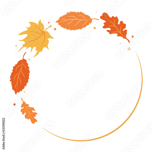 Elegant round frame, garland, wreath or border made of colorful fallen oak, maple, and linden leaves. Natural decorative vector illustration in modern flat style.