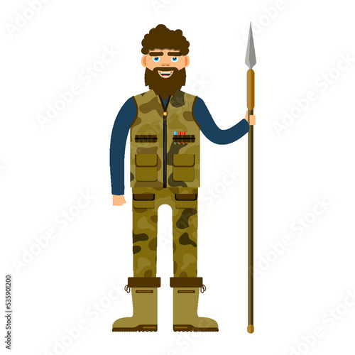 Man hunter camouflage cloth armed with spear flat. Male character beard military hunter green uniform vest pant boot sharp tip spear gear forest hobby active sport wildlife adventure isolated