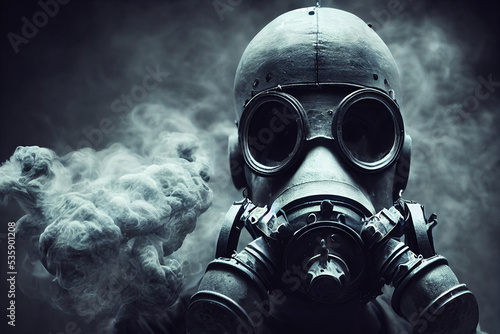 man with gas mask in apocalyptic post war environment