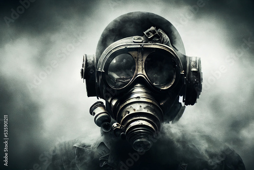 man with gas mask in apocalyptic post war environment