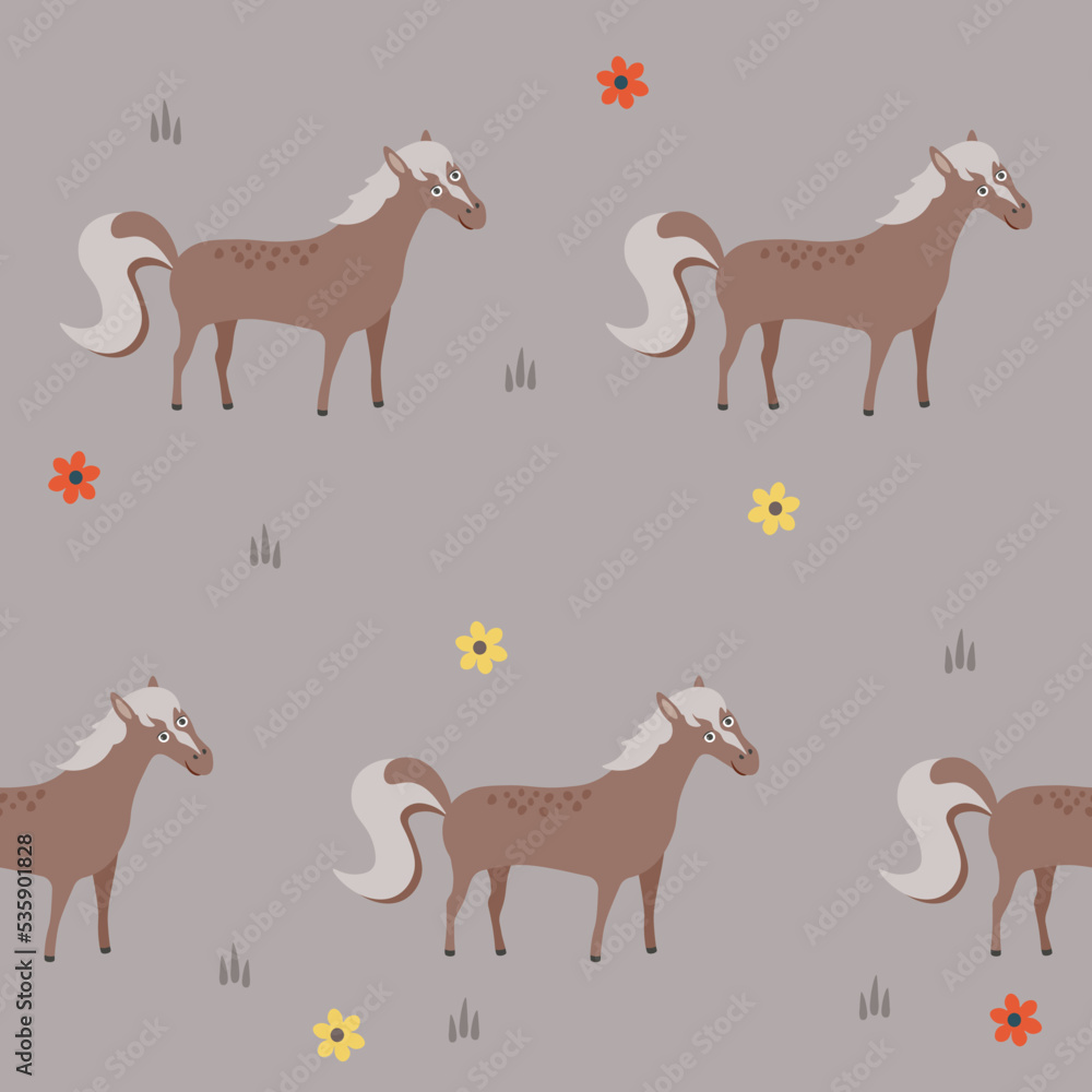 Cute cartoon horses with colorful flowers seamless pattern