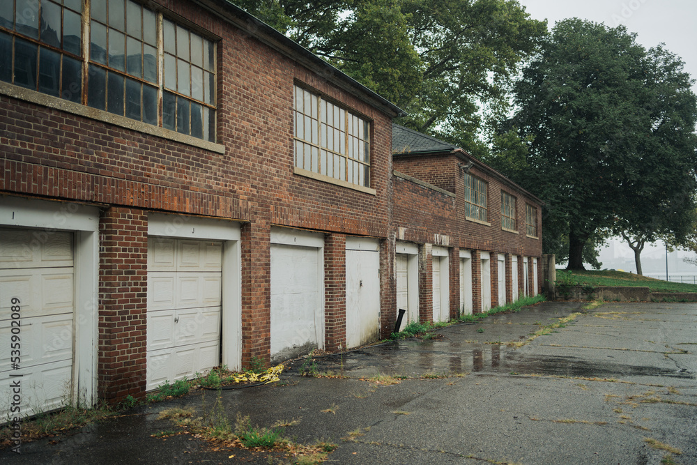 Old brick garage on Governors Island, Manhattan, New York