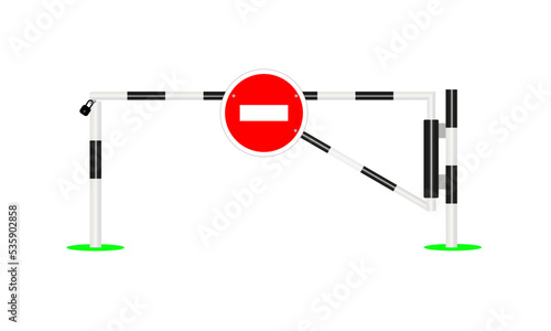 Closed barrier with a prohibition sign. Striped closed barrier gate