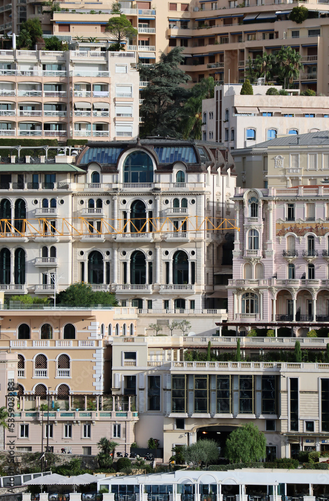 Monaco, Monaco - 02.10.2022: Close-up on the facades of the Principality of Monaco, taken from Port Hercule