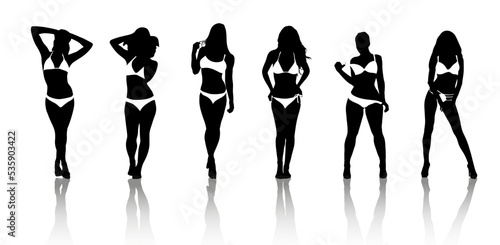 Six women silhouette in white bikini on white background
