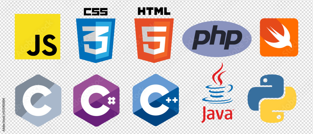 Vecteur Stock Set of 10 programming language logo vector icons: CSS, HTML,  Javascript, Java, PHP, C, C++, C#, Swift, Python. Isolated editorial  illustration on transparent background | Adobe Stock