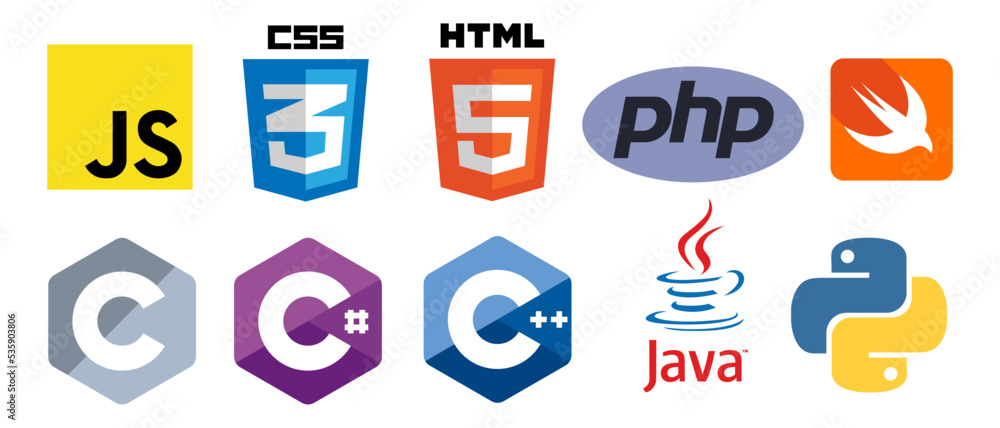 Vecteur Stock Set of 10 programming language logo vector icons: CSS, HTML,  Javascript, Java, PHP, C, C++, C#, Swift, Python. Isolated editorial  illustration on white background | Adobe Stock