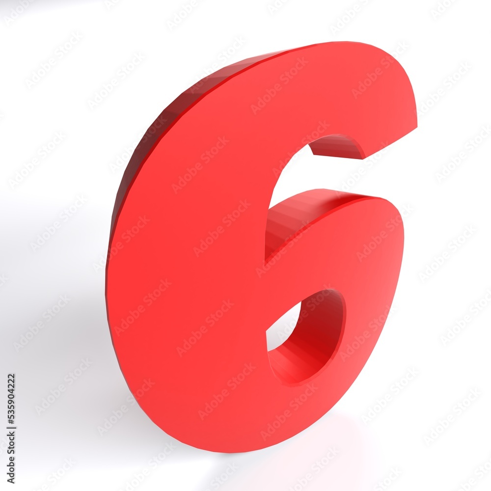 Number 6 in red color isolated on white background - 3D rendering illustration Number 6 in red color isolated on white background - 3D rendering illustration