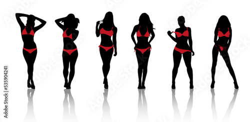 Six women silhouette in red bikini on white background
