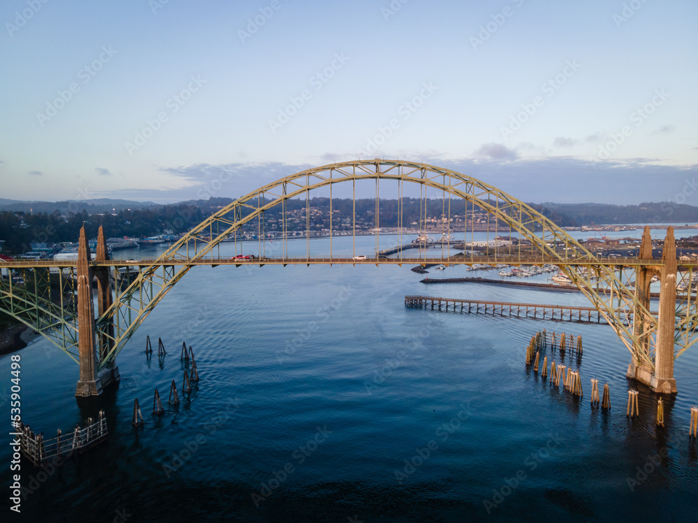 Aerial View of the Yaquina Bay Bridge in Newport on the Oregon Coast at Sunset