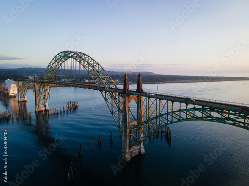 Aerial View of the Yaquina Bay Bridge in Newport on the Oregon Coast at Sunset
