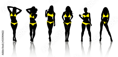 Six women silhouette in yellow bikini on white background
