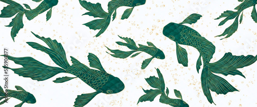 Luxury white art background with blue fishes with golden elements in art line style. Vector banner in oriental hand drawn style for wallpaper design, decor, print, packaging, textile, fabric.