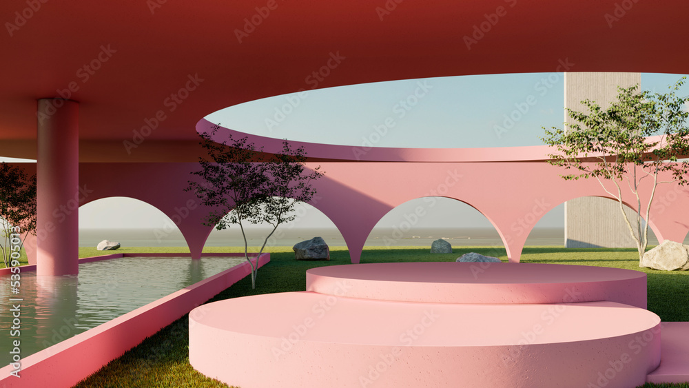 ideal mockup, scene with pedestals at different heights, arches in pink and concrete tower in the background