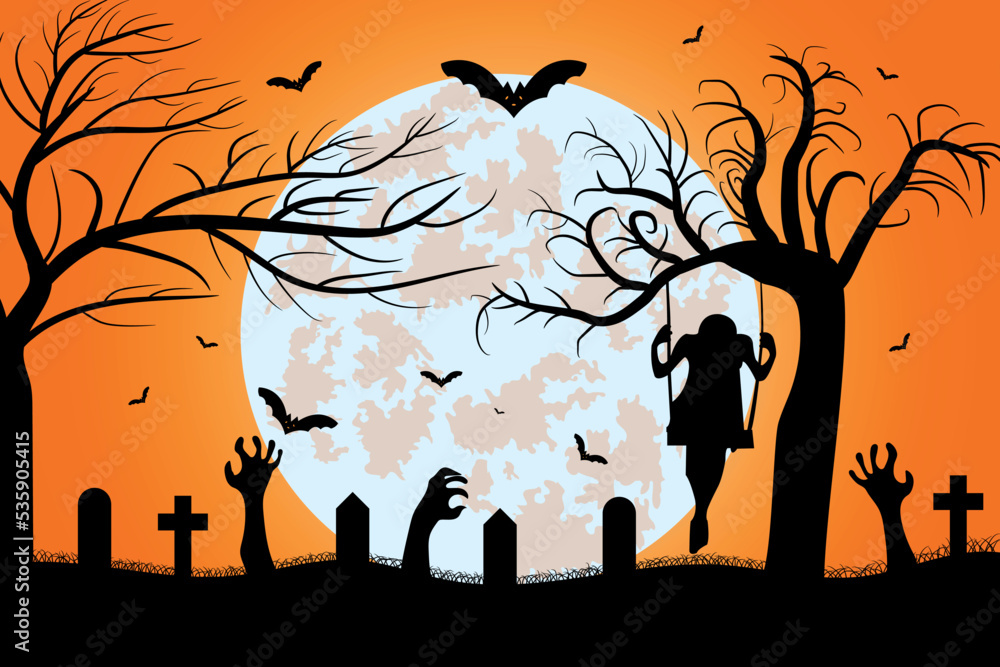 Happy Halloween Night Background. Halloween pumpkins, Graveyard, Spooky trees and Haunted House with Horror Halloween Concept Vector Illustration. Happy Halloween Night Background. Halloween pumpkins, Graveyard, Spooky trees and Haunted House with Horror Halloween Concept Vector Illustration.