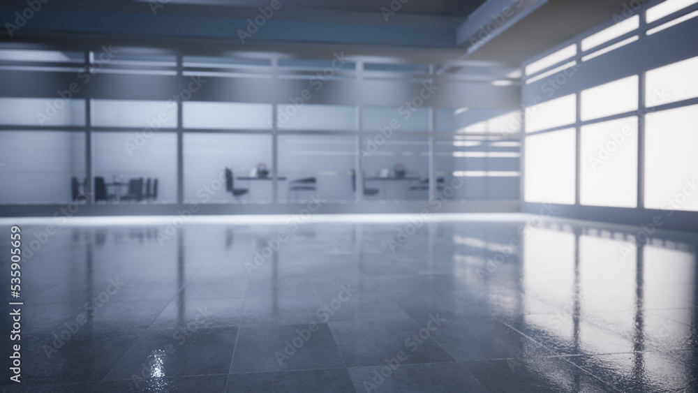 empty office space with large window, glass walls and background at sunrise with open clean room to work. 3D Rendering empty office space with large window, glass walls and background at sunrise with open clean room to work. 3D Rendering