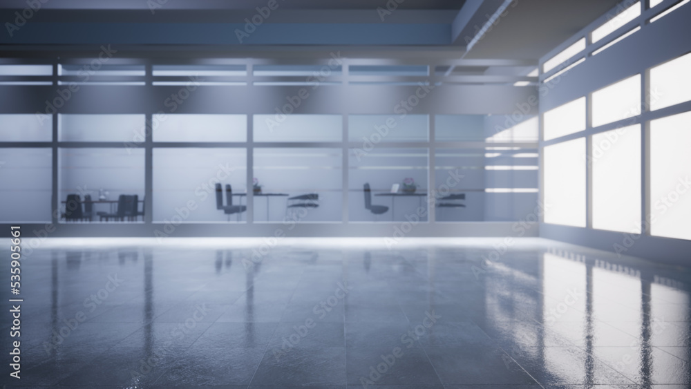 empty office space with large window, glass walls and  background at sunrise with open clean room to work. 3D Rendering 