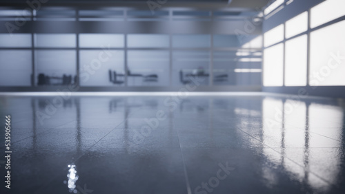 empty office space with large window, glass walls and background at sunrise with open clean room to work. 3D Rendering 