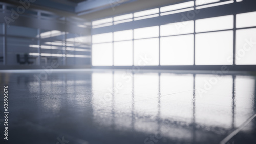 empty office space with large window  glass walls and  background at sunrise with open clean room to work. 3D Rendering 