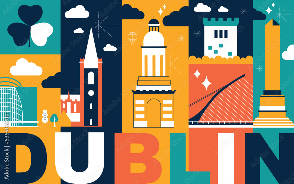 Obraz premium Typography word Dublin branding technology concept. Culture travel set, famous architectures, lat design. Ireland Business travel, tourism idea. Image for presentation, banner, web, split video screen