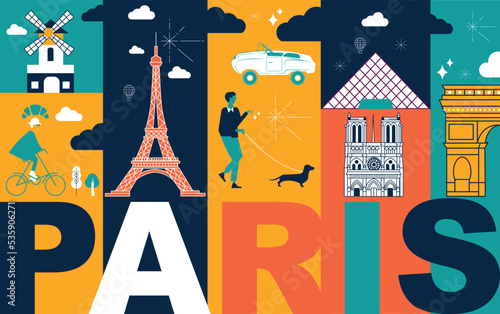 Typography word Paris branding technology concept. Culture travel set, famous architectures, lat design. French Business travel, tourism idea. Image for presentation, banner, web, split video screen