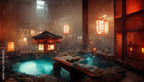 Fantasy Japanese landscape spa. Japanese hot springs, ancient architecture. © MiaStendal