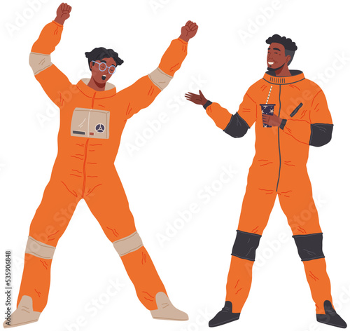 Animators at birthday party in cosmic style. Theme party in costumes. Dancing people in costumes have fun at space party. Characters in self made outfits surrounded by cosmic bodies, space disco