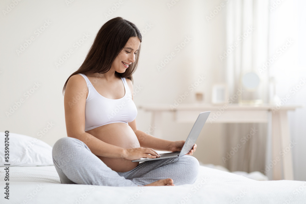 Fototapeta premium Joyful expecting woman relaxing in bed with laptop
