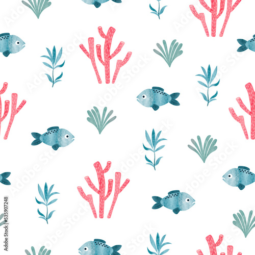 Seamless sea fish pattern. Underwater life background. Watercolor fish and seaweeds vector illustration