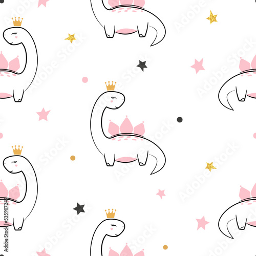 Seamless baby dinosaur princess pattern. Vector cute dino animal illustration for kids