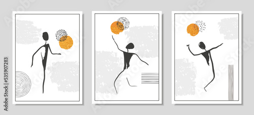 Volleyball players set. Abstract sport wall art vector illustration. Posters with man and ball.