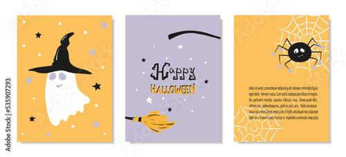 Halloween posters set for kids. Cute Halloween card with ghost and spider. Baby print.