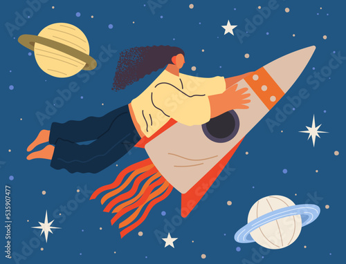 Astronaut woman flying on rocket among planets and stars in outer space. Lady dressed as spaceman dreams about space. Girl with self made spaceship flying to sky. Person in costume of space explorer