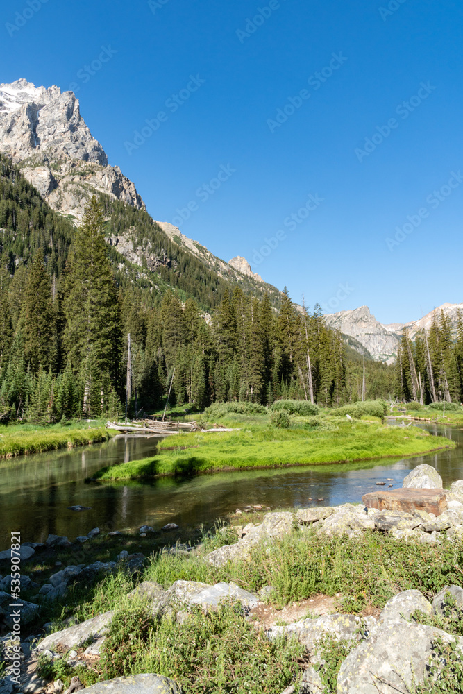 Peaceful pond in Cascade Canyon trail in Grand Teton National Park Wyoming