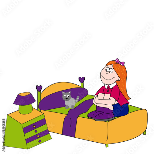Niña sentada en la cama con su gato.