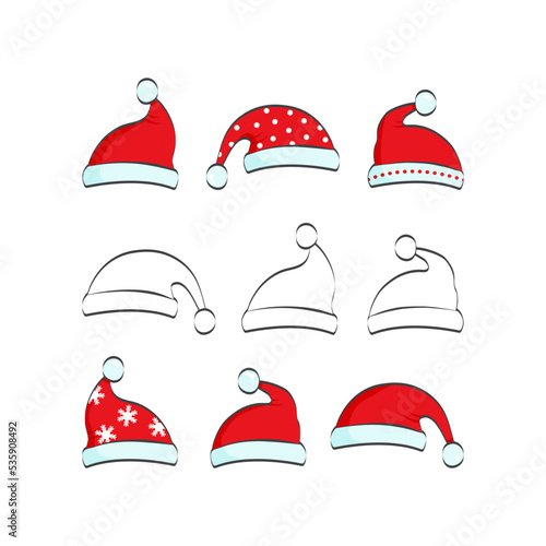 Santa Claus hat, Christmas cap vector icon, cartoon New Year set. Winter costume isolated on white background. Xmas holiday illustration photo