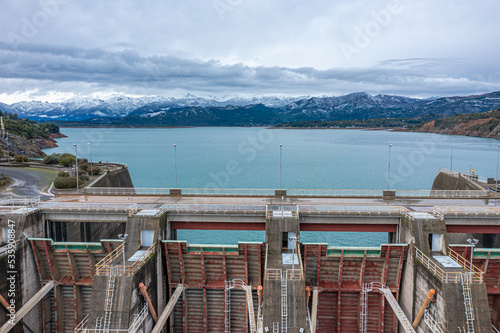 Dam on like Colbun in Chile. Aerial view drone photography photo