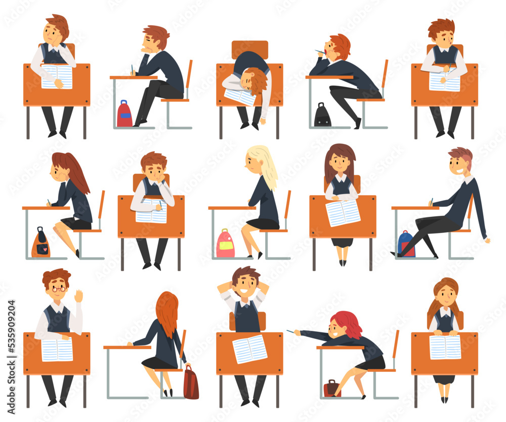 Boy and Girl Pupil or Student Sitting at Desk Having School Lesson Big Vector Set