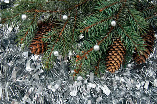 Christmas background. Christmas tree branches and cones on Christmas tinsel