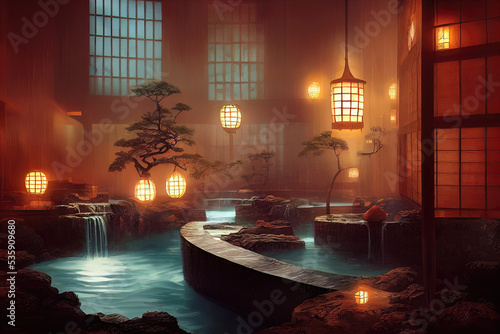 Fantasy Japanese landscape spa. Japanese hot springs, ancient architecture. 