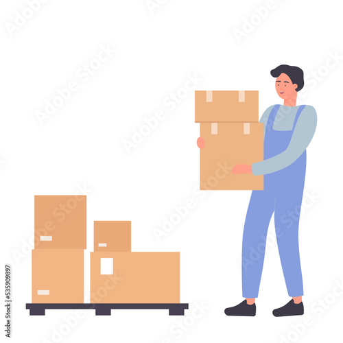 Storekeeper inventory and goods supply. Warehouseman job, store employee vector illustration