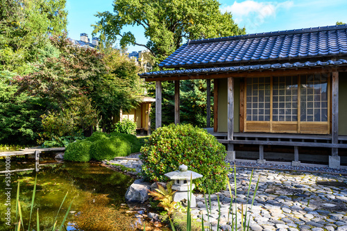 japanese house. Japanese Garden. botanical park in early autumn. Sunny Autumn Day