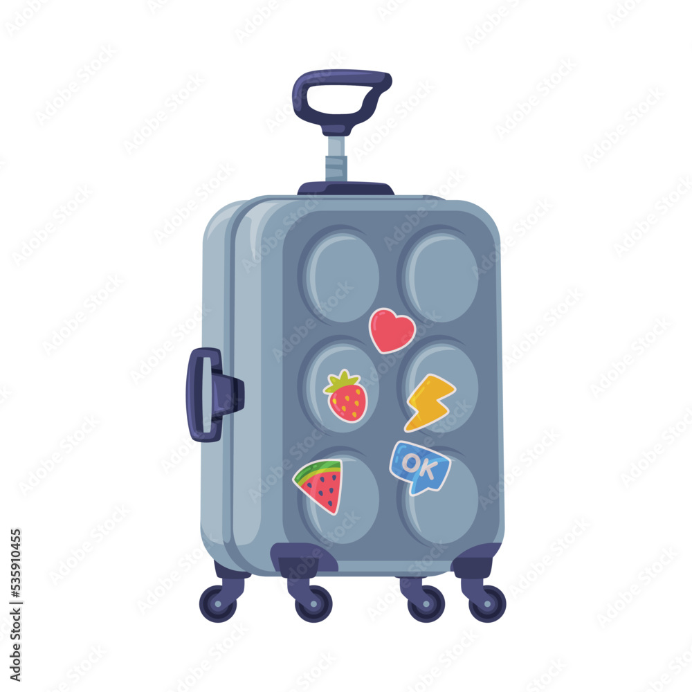 Obraz premium Grey Travel Suitcase with Handle and Wheels as Packed Luggage for Traveling Vector Illustration